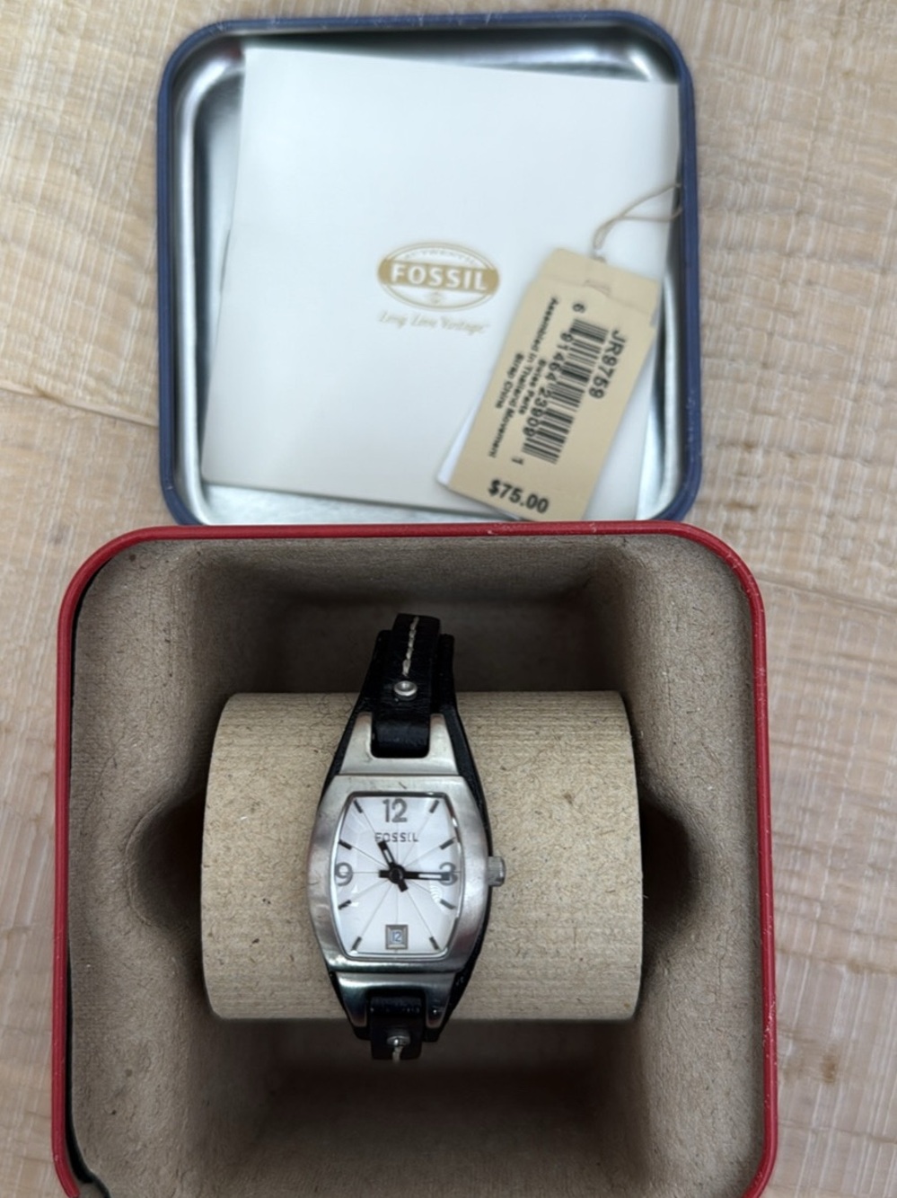 Fossil Women's Silver Dial Watch with Black Leather Strap